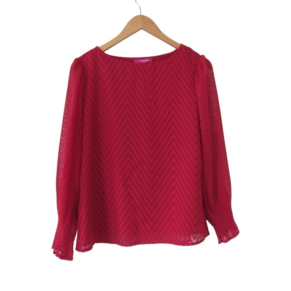 Marie Claire Red Textured Blouse Medium Chevron Long Sleeves Feminine Holiday